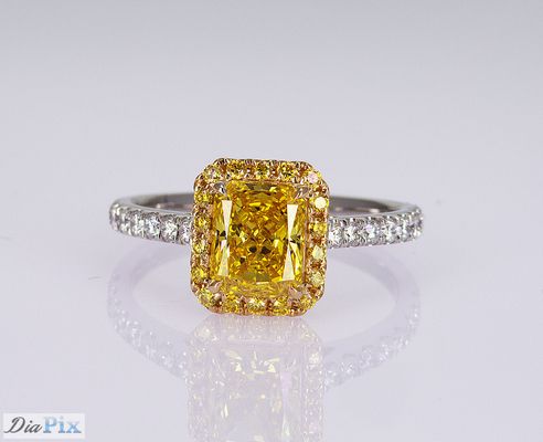 1.1ct Forma radiante Biancastro Giallo Laboratorio Creato Anello Diamante 18K Gold Set