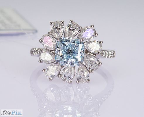 3.284ct Cushion Cut Sky Blue CVD Anelli di diamanti sintetici Luxury 18K White Gold Set
